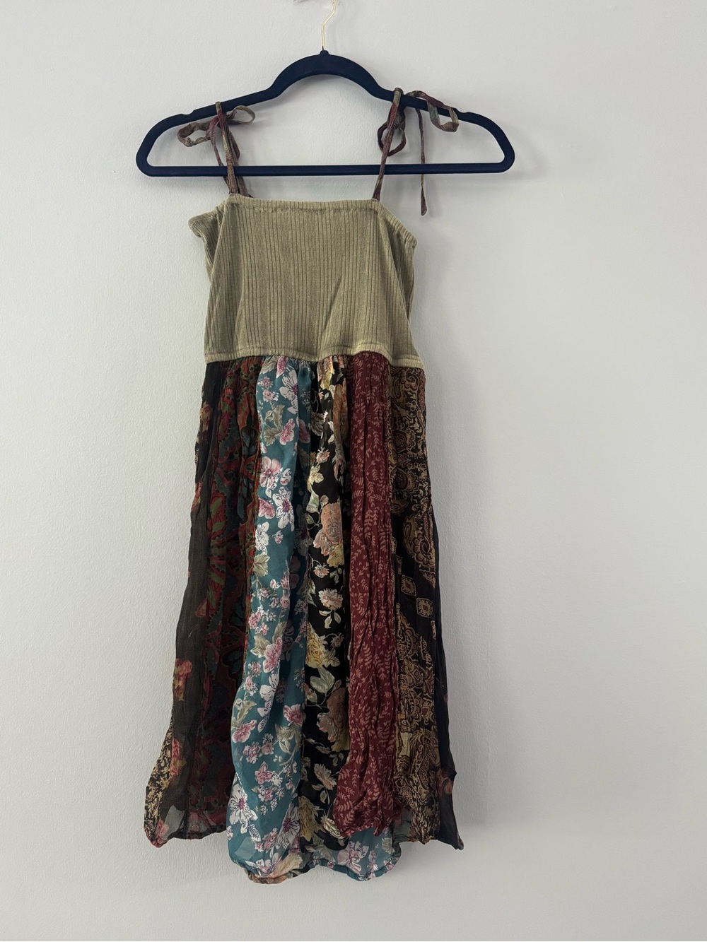 Young Threads Tiered Floral Patchwork Mini or tunic with Tie Straps - Olive - Picture 3 of 3